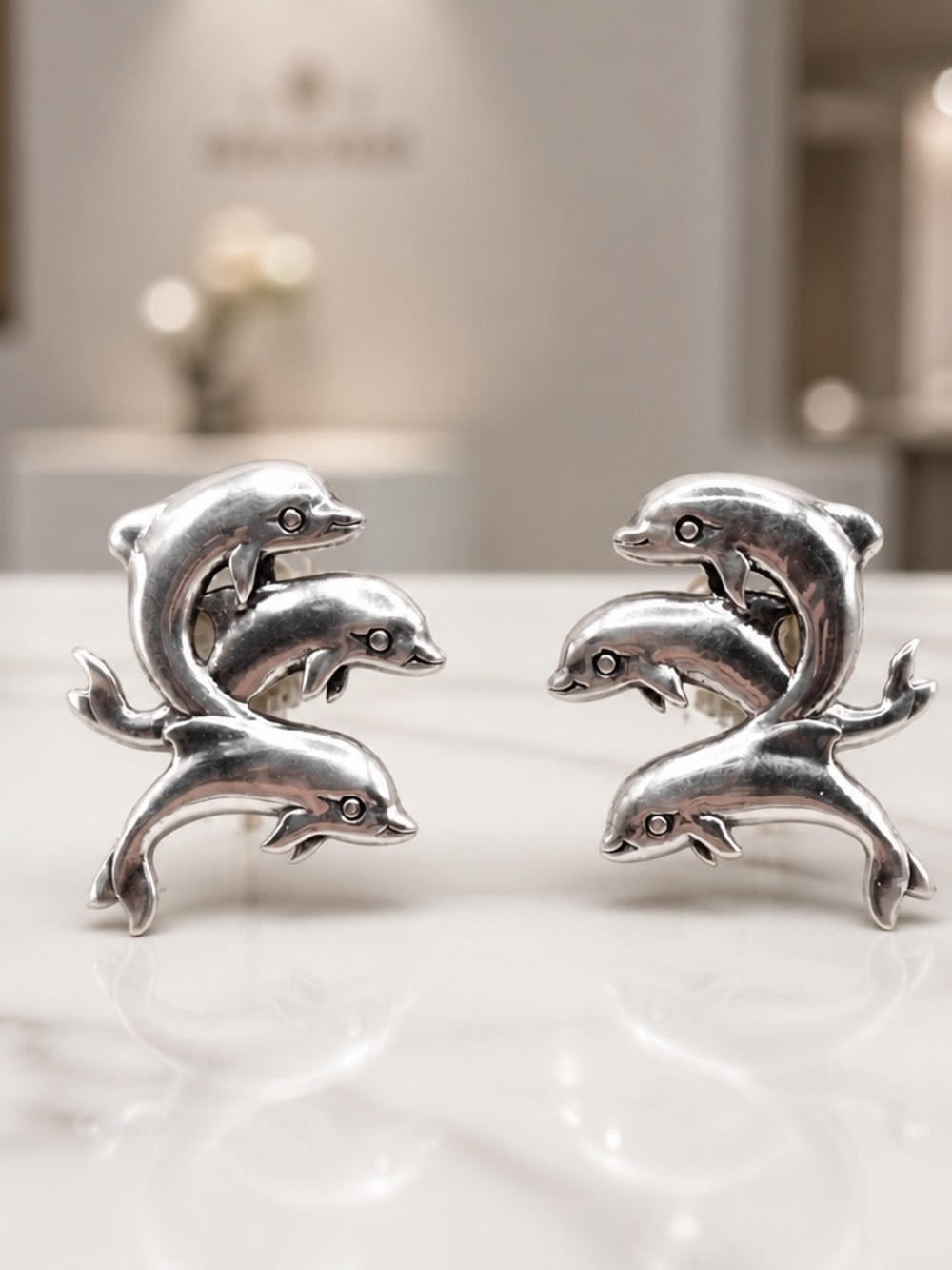 Vintage Kabana 925 Sterling Silver Triple Dolphin Stud Earrings